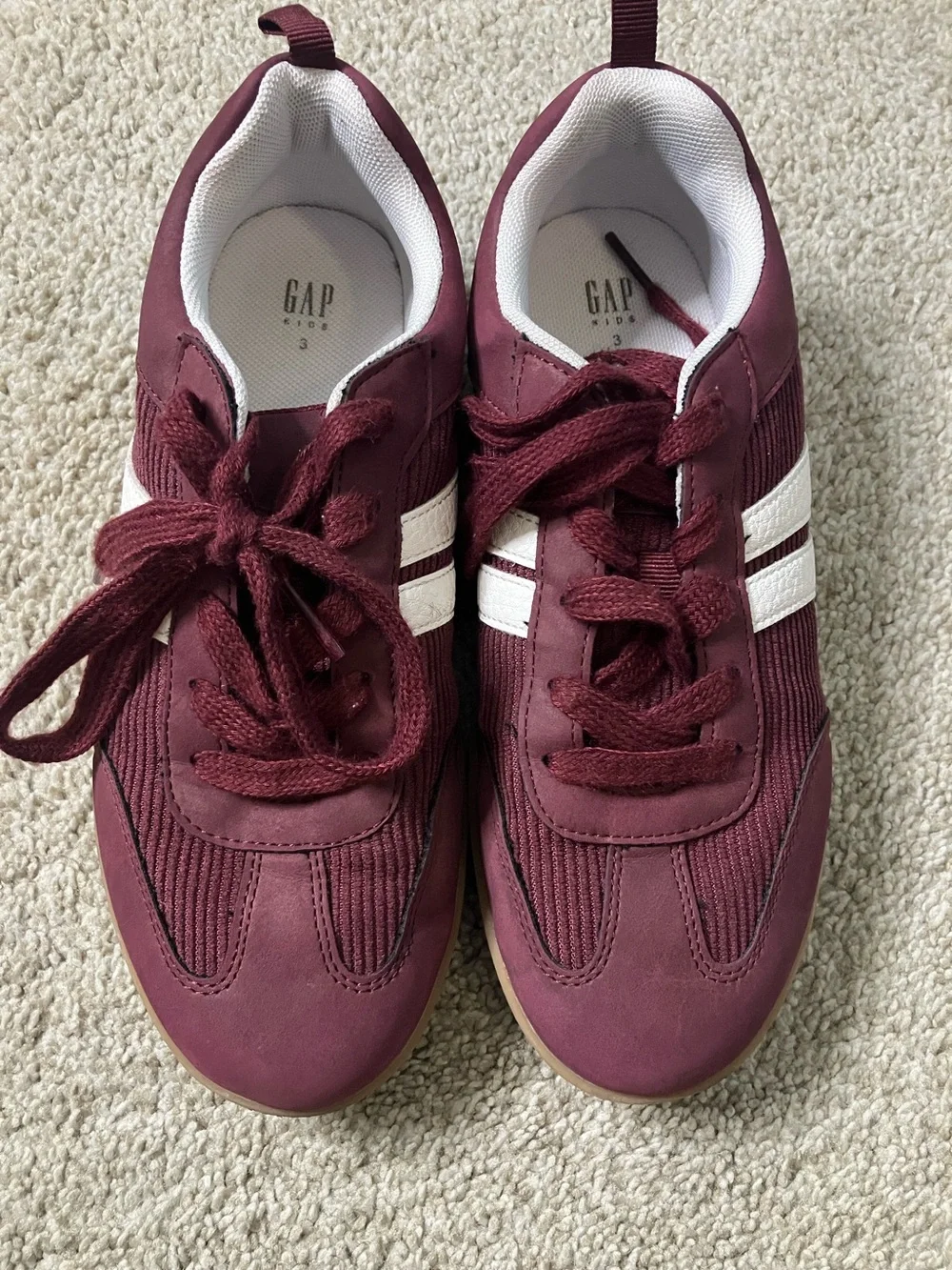 GAP Kids Burgundy Sneakers with White Stripes and Gum Sole